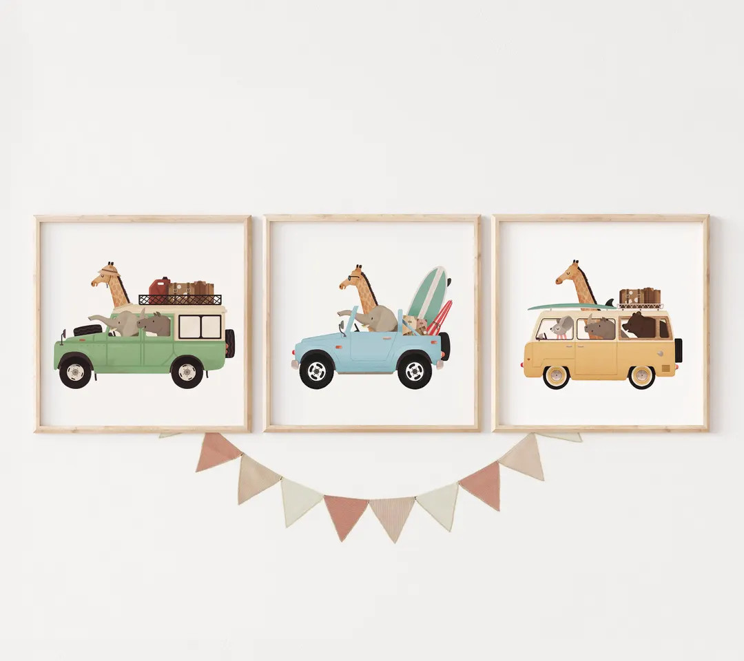 Whimsical Animals in Cars Print Set: Nursery Wall Art | Etsy (US)