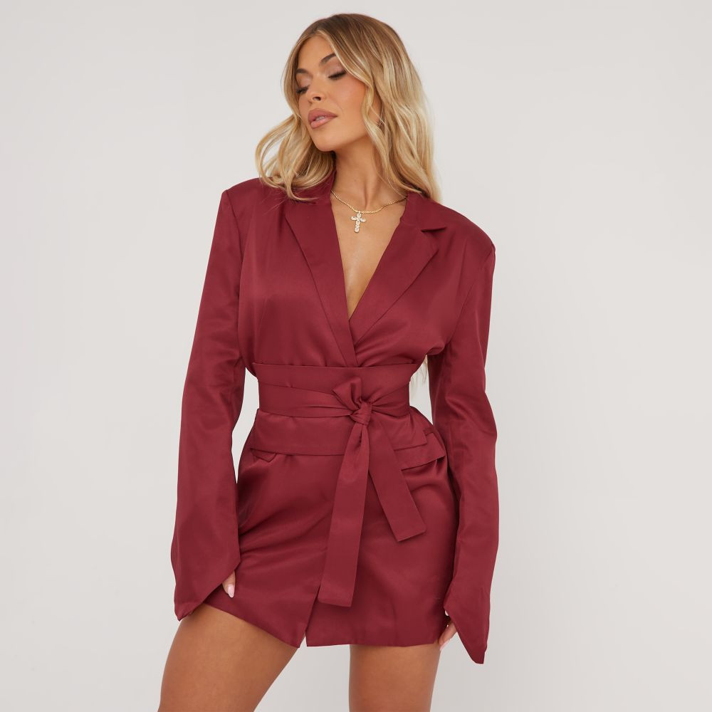Oversized Belted Detail Blazer Dress In Burgundy Woven | EGO Shoes (US & Canada)