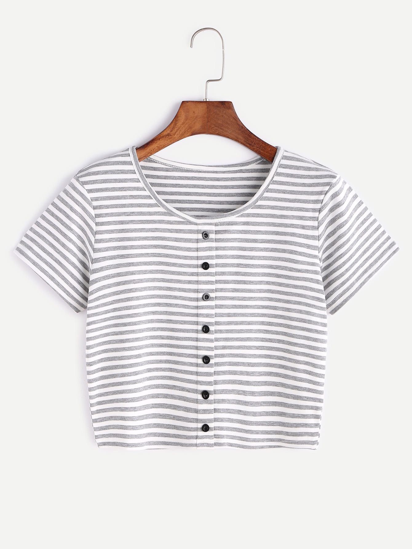 Contrast Striped Crop T-shirt With Buttons | ROMWE