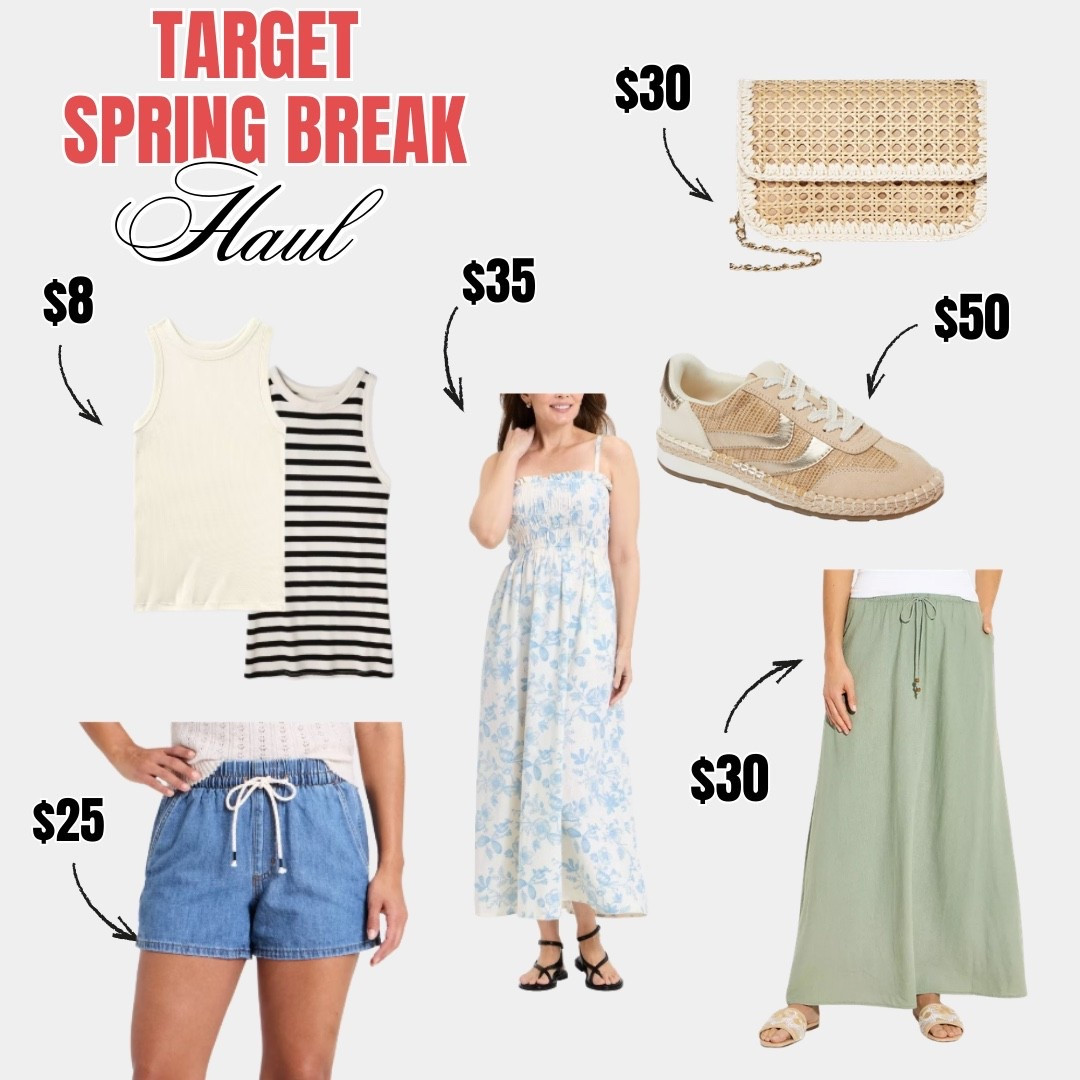 @Target spring break haul has everything you need for the season! 🌸 A blue floral smocked midi dress, drawstring denim shorts, a sage green maxi skirt, basic tanks starting at $8, the most adorable woven clutch bag and the cutest raffia sneakers — all the spring essentials in one haul.

#LTKootd #LTKSeasonal #LTKTravel