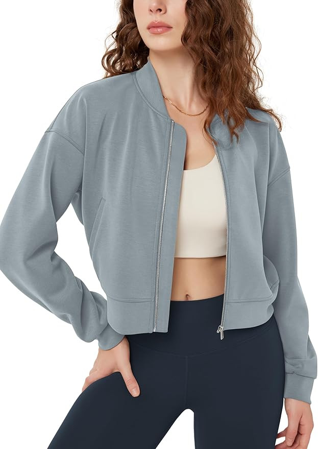 ODODOS Modal Soft Full-Zip Bomber Jacket for Women Long Sleeve Casual Fall Outfit Crop Top with P... | Amazon (US)