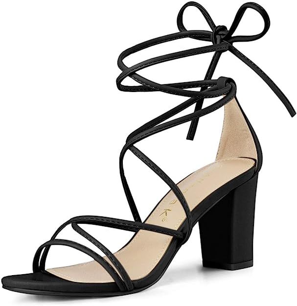 Allegra K Women's Strappy Straps Lace Up Chunky Heel Sandals | Amazon (US)