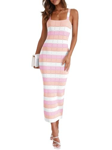 Saodimallsu Womens Striped Bodycon Midi Dress Sleeveless Square Neck Color Block Knit Summer Tank... | Amazon (US)