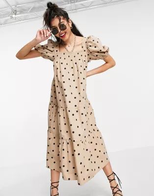Influence puff sleeve cotton poplin midi dress in stone polka dot | ASOS (Global)