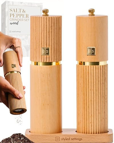 Styled Settings Wooden Salt and Pepper Grinder Set with Gold Accents – Refillable Wooden Manual Salt and Pepper Mill Set with Adjustable Ceramic Mills & Matching Wood Stand - Ideal for Gifting | Amazon (US)