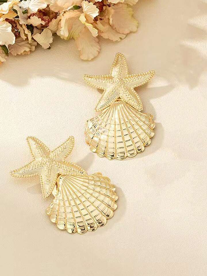 1 Pair Gold Oversized Starfish & Shell Design Earrings For Women, Suitable For Casual Wear, Beach Vacation, Party, Wedding And Gift For Friends And Family, Summer | SHEIN