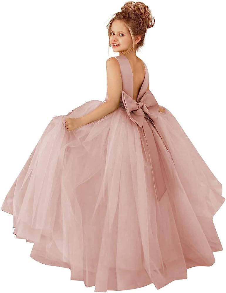 MCieloLuna Flower Girls Satin Tulle Princess Pageant Dress for Wedding Kids Pearls Prom Ball Gowns with Bow-Knot | Amazon (US)
