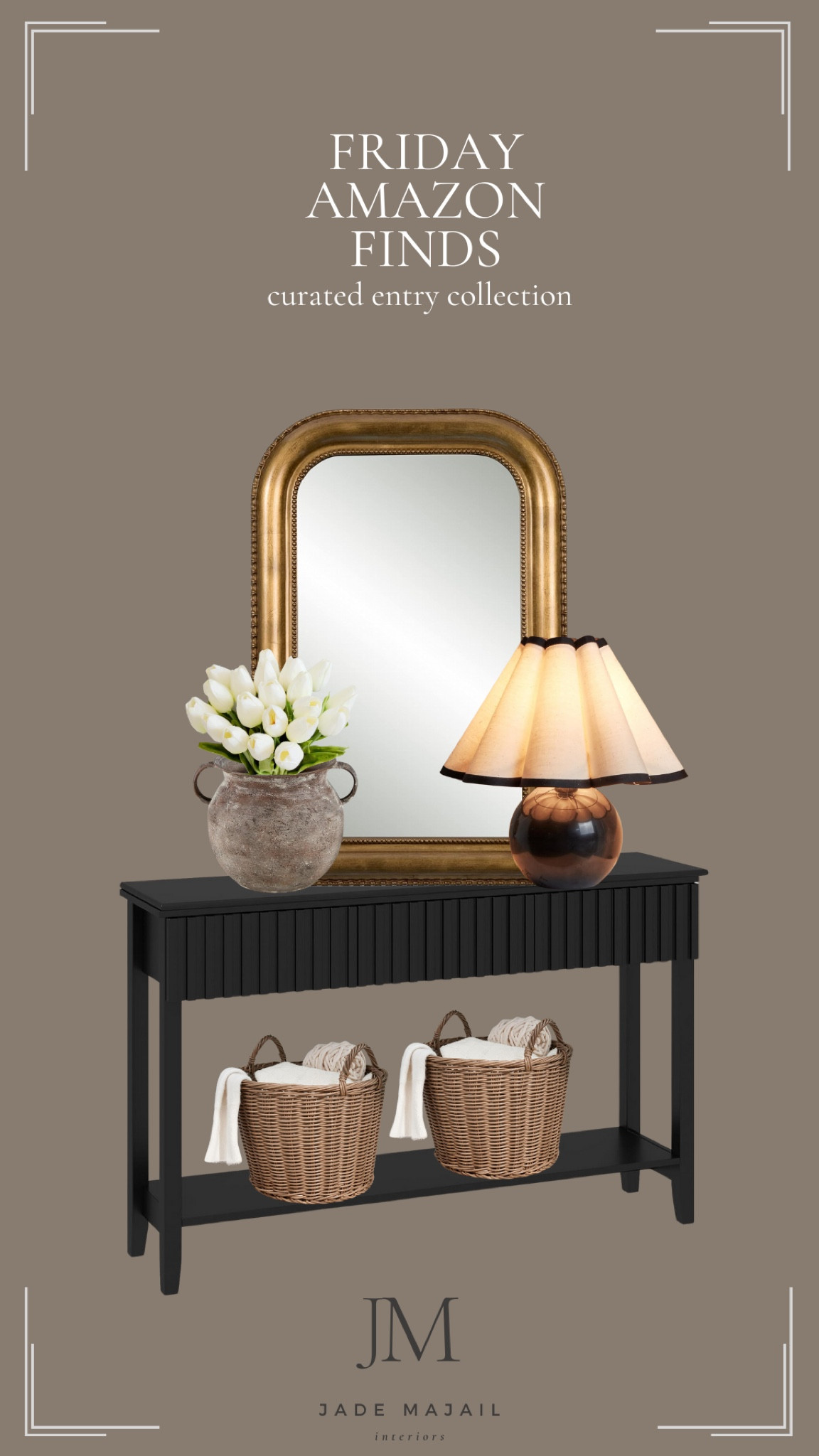 Amazon finds - entry way furniture and decor with a black console table, storage baskets, vase, tulips, table lamp, brass mirror, home decor

#LTKHome