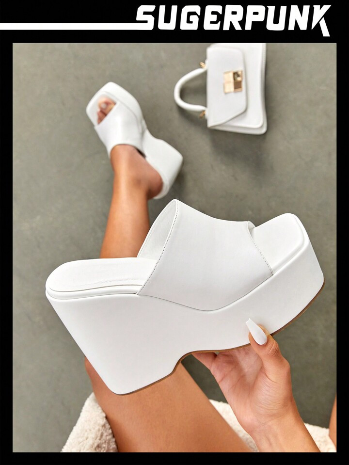 Sugerpunk Women Shoes Squar Toe Thick Sole Minimalist Wedge Slide Outdoor White Sandals For Summe... | SHEIN