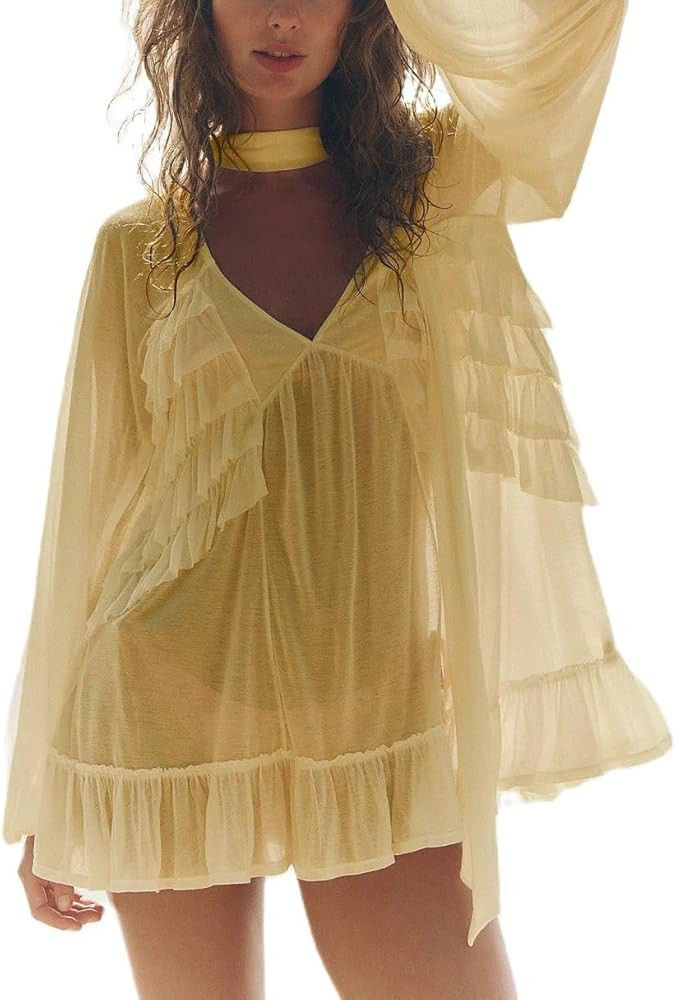 Women Lace Tie Front Top Ruffle Trim Long Sleeve Chiffon Cardigan Boho Flowy Coquette Peplum Shir... | Amazon (US)