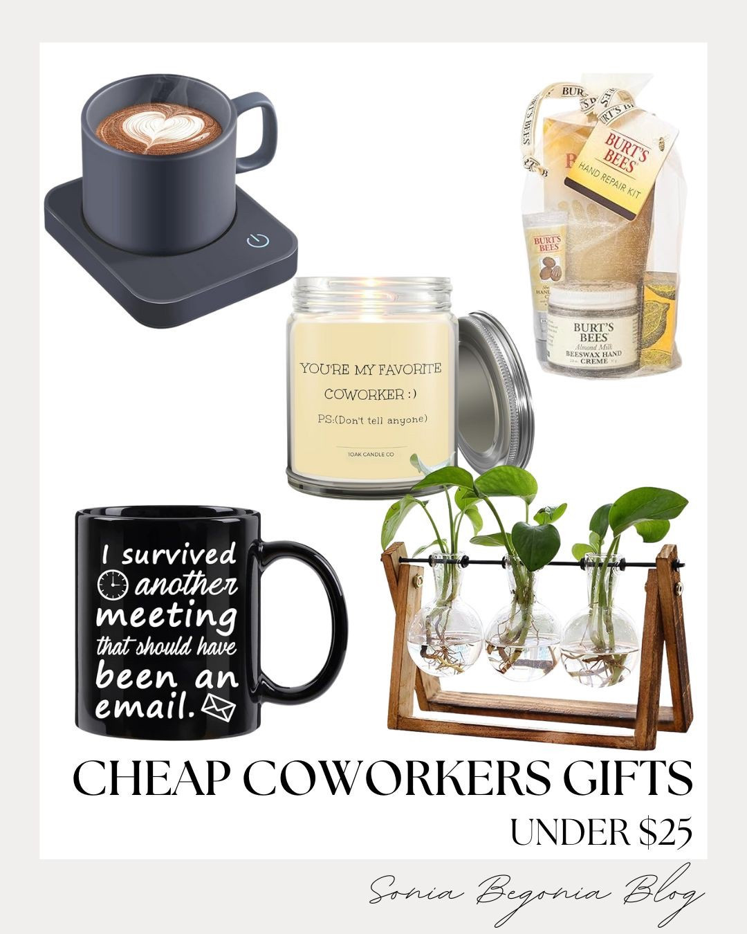 ☕ CHEAP COWORKER Gifts: Under $25 Thoughtful Finds!

Show appreciation for your work friends without breaking the bank! This collection of thoughtful coworker gifts are all under $25! 🎁

We are obsessed with the convenience of the electric coffee mug warmer—perfect for keeping those morning meetings cozy. Add a touch of humor with the "I survived another meeting that should have been an email" mug. Brighten up their desk with a chic wooden propagation station for growing houseplants. For a relaxing break, the "You're My Favorite Coworker" scented candle is a sweet gesture, and the Burt's Bees Hand Repair Kit is essential for self-care!

Shop these affordable and fun presents for your office bestie! ✨

#CoworkerGifts
#OfficeGifts
#GiftIdeas
#Under25
#CheapGifts
#AffordableGifts
#MugWarmer
#CoffeeMug
#FunnyMug
#OfficeHumor
#CandleLover
#ScentedCandle
#BurtsBees
#HandCare
#PropagationStation
#DeskDecor
#LTKGiftGuide
#WorkLife


#LTKHoliday #LTKFindsUnder50 #LTKGiftGuide