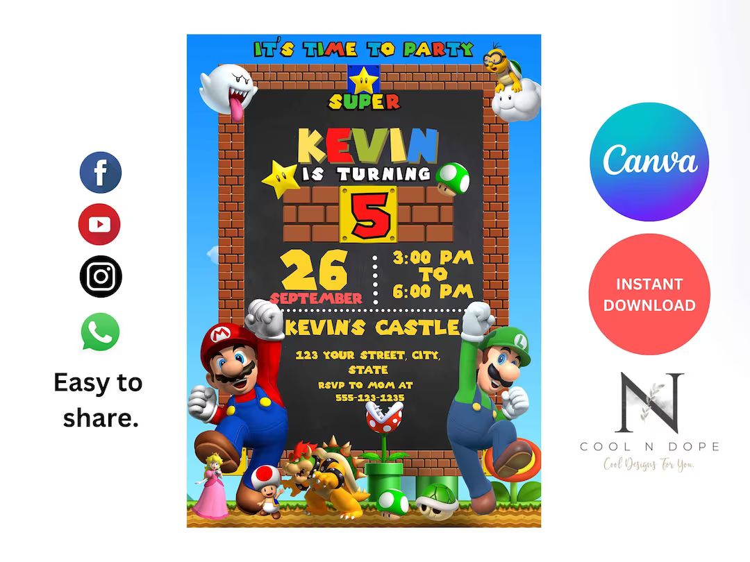 Super Mario Birthday Invitation, Digital Card Printable Invite, Mario invitation, Super Mario Bro... | Etsy (US)