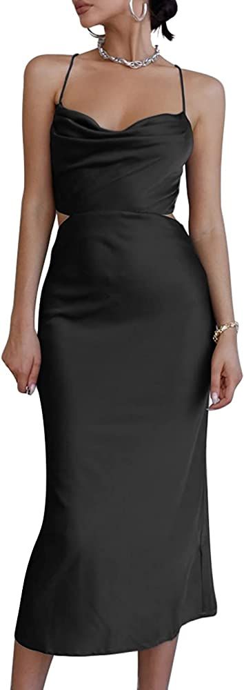 LYANER Women's Satin Cowl Neck Straps Slip Sexy Cut Out Cocktail Midi Dress | Amazon (US)