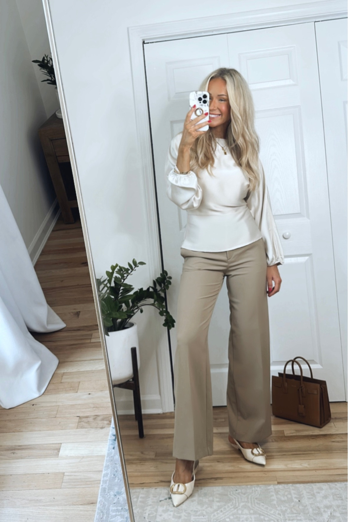 H&M work outfit | Sizing info:
-Satin top runs slightly small at the waist, if in between sizes then recommend sizing up one size
-Beige wide leg pants run small, recommend sizing up one size 

#LTKworkwear