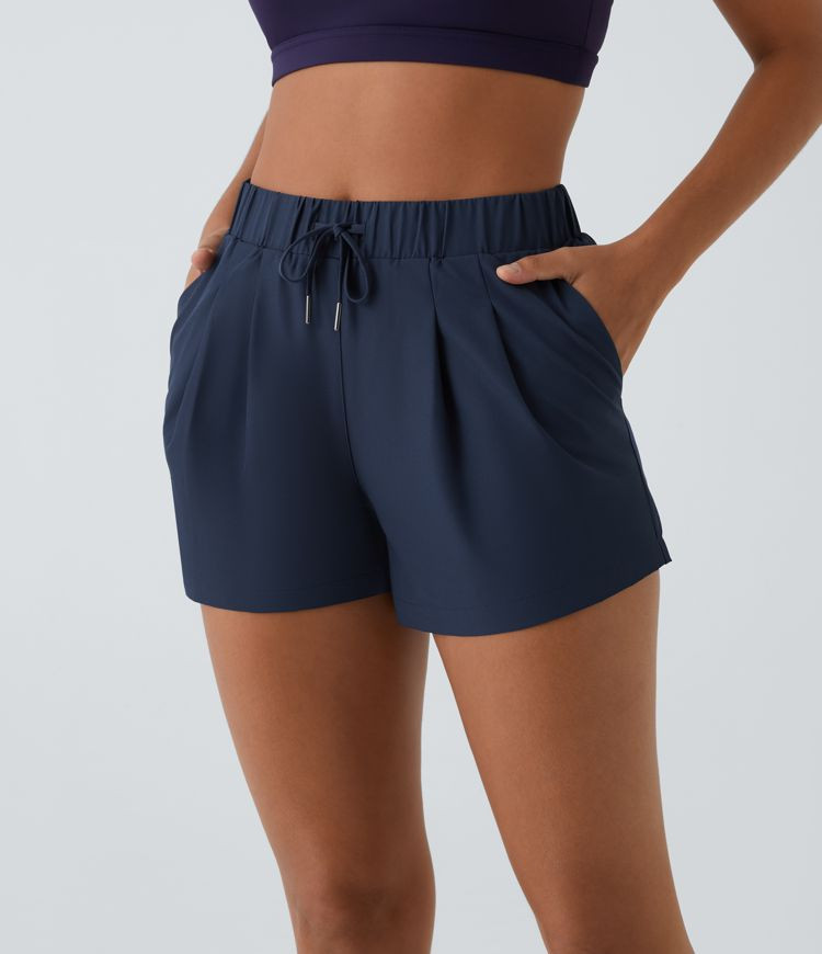 Women’s Mid Rise Elastic Waistband Drawstring Ruched Side Pocket Casual Shorts 3" - Halara | HALARA
