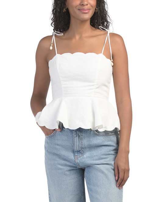Linen Blend Sleeveless Scalloped Trim Peplum Hem Blouse | TJ Maxx