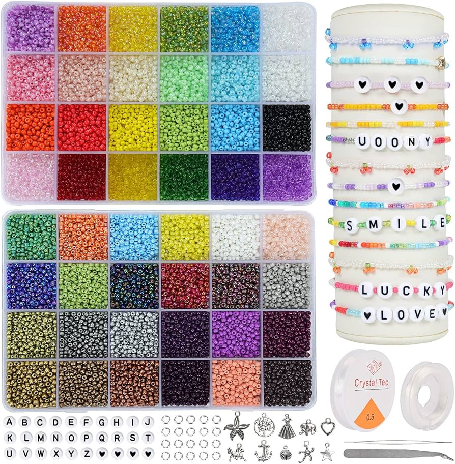 16800pcs 48 Colors Glass Seed Beads for Jewelry Making Kit, 3mm Small Beads for Bracelets,Friends... | Amazon (US)