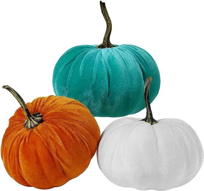 3 Pcs Faux Fall Autumn Decorative Fabric Pumpkins Velvet Pumpkins Foam Pumpkins in Orange Teal Bl... | Amazon (CA)