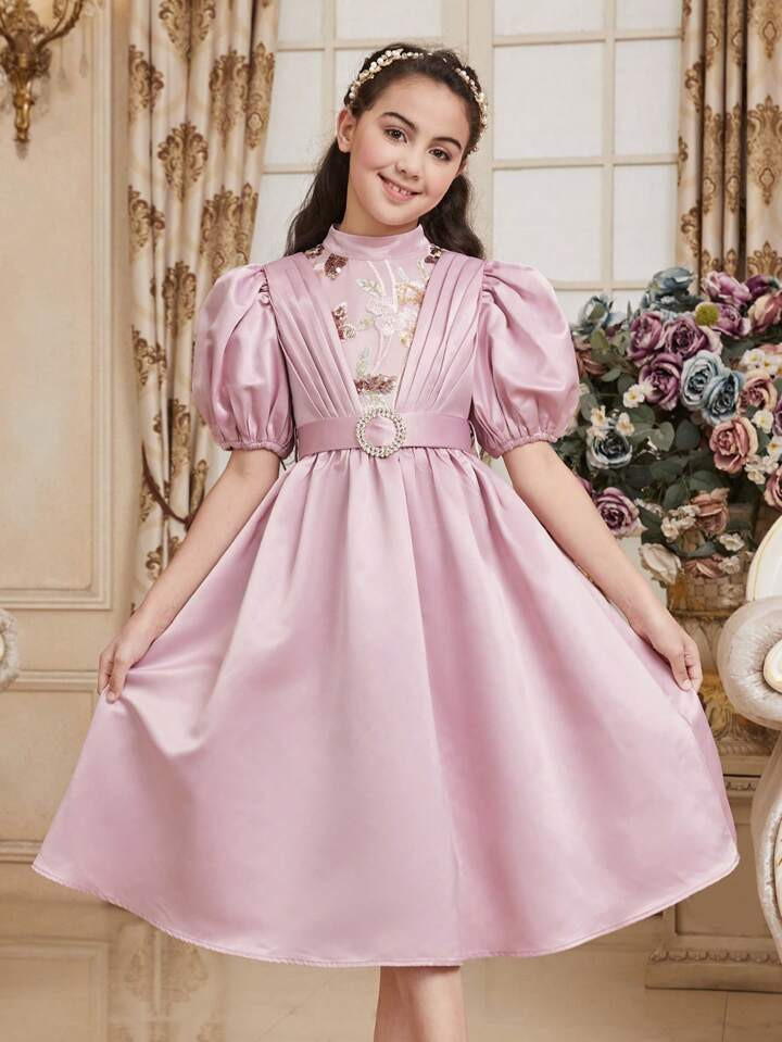 SHEIN Tween Girls' Traditional And Fancy Stand Collar Sparkling Lace Patchwork Bubble Sleeve Dres... | SHEIN