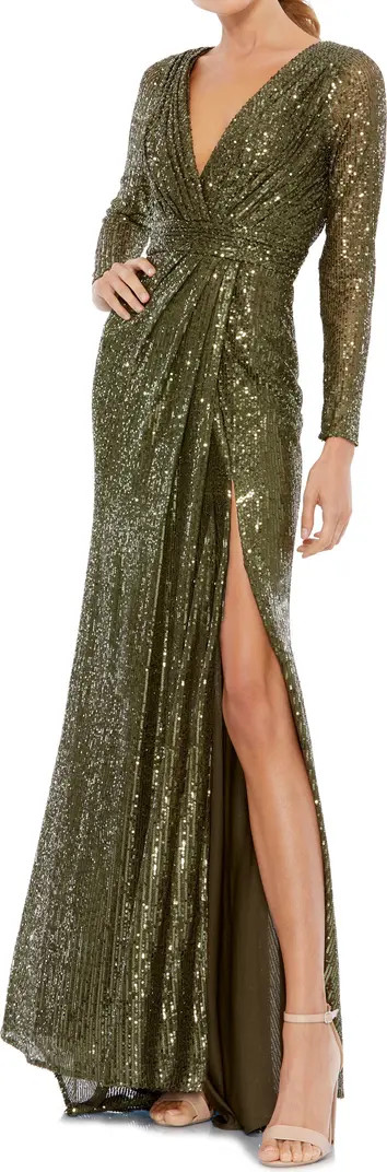 Long Sleeve Sequin Faux Wrap Gown | Nordstrom