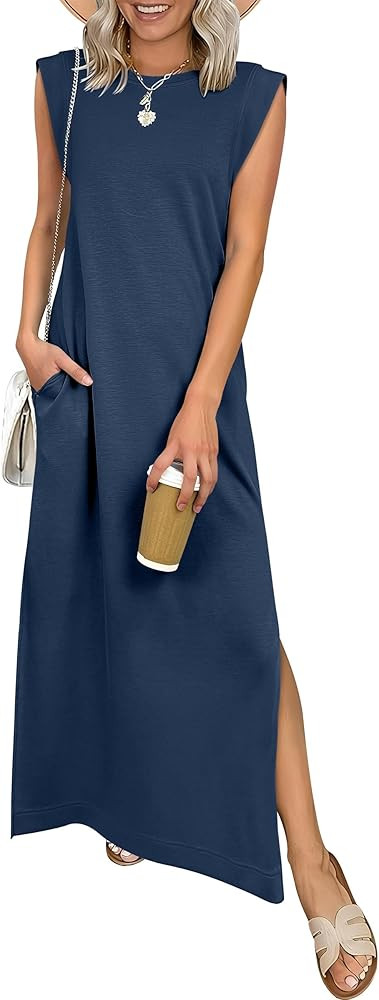 ANRABESS Women Summer Casual Sleeveless Maxi Dress 2026 Crewneck Loose Split Wrinkle-Free Beach T... | Amazon (US)