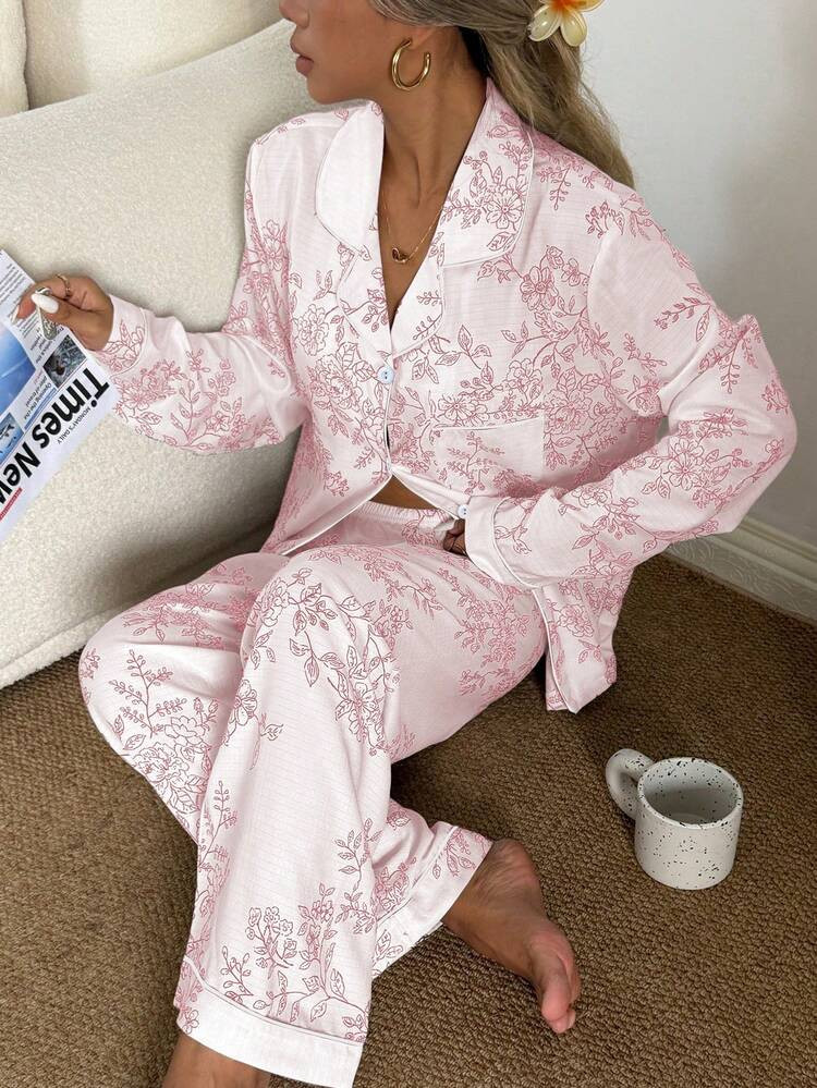 CottageSlumber Women's Bubble Crinkle Floral Print Long Sleeve Pajama Set | SHEIN