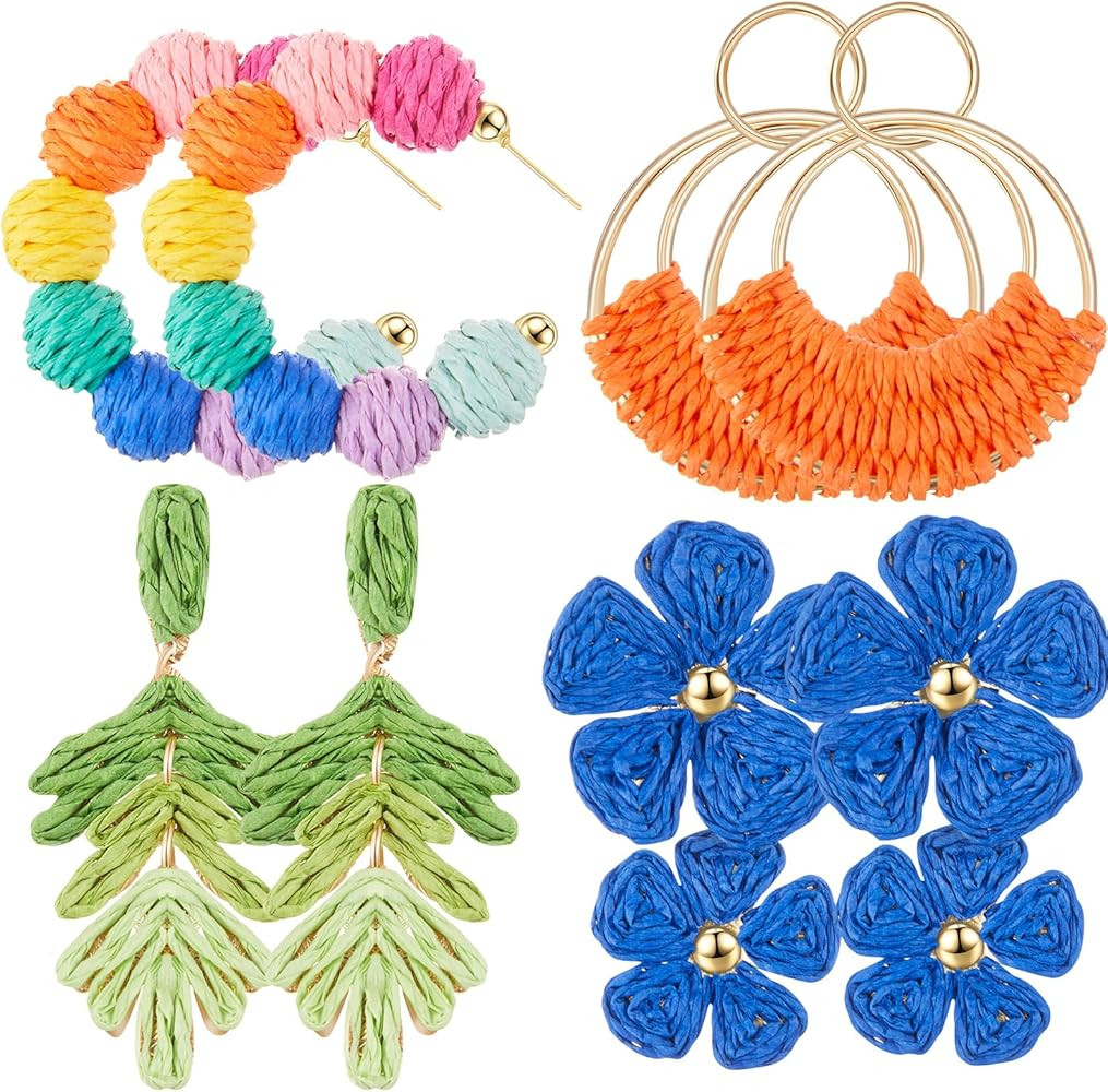 meekoo 4 Pairs Rattan Earrings for Women Beach Essentials Tassel Dangle Boho Straw Earrings | Amazon (US)