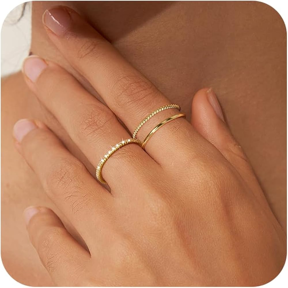 Moodear 3PCS Thin Stackable Ring Set - Dainty 14K Gold Plated Thumb CZ Rings for Women Non Tarnis... | Amazon (US)