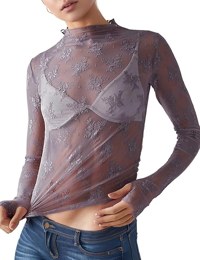 Wyeysyt Lace Tops for Women, Mesh Top Long Sleeve Floral Lace Blouse, Sheer Mesh Mock Neck Layeri... | Amazon (US)