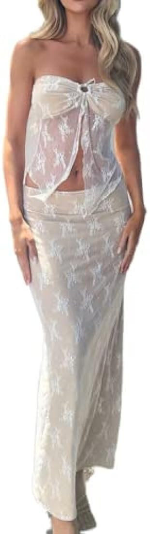 Women 2 Piece Maxi Skirt Set Y2k Lace Up Back Tie Up Tank Tops Bodycon Long Skirt Summer Party Cl... | Amazon (US)