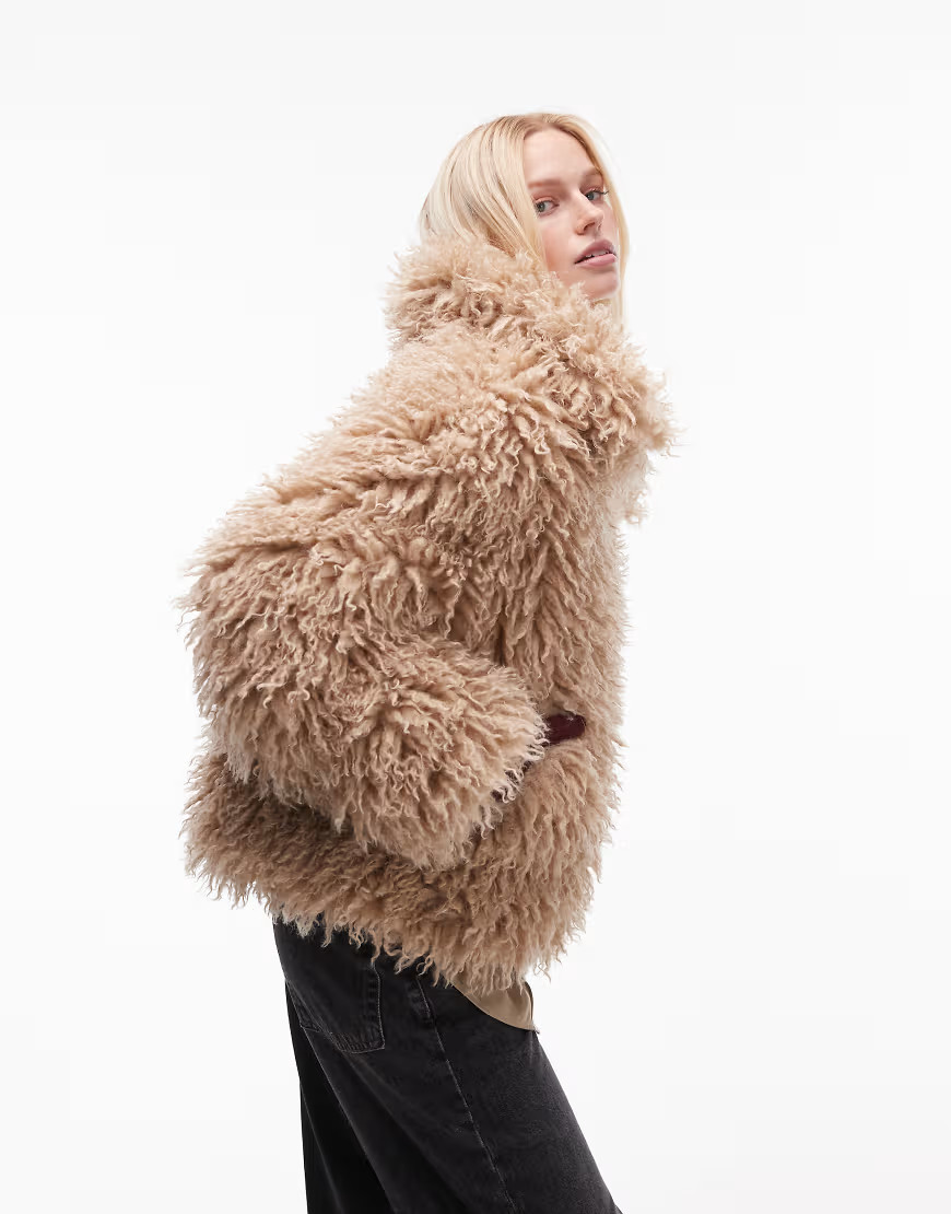 Topshop faux mongolian fur bomber jacket in light brown | ASOS (Global)