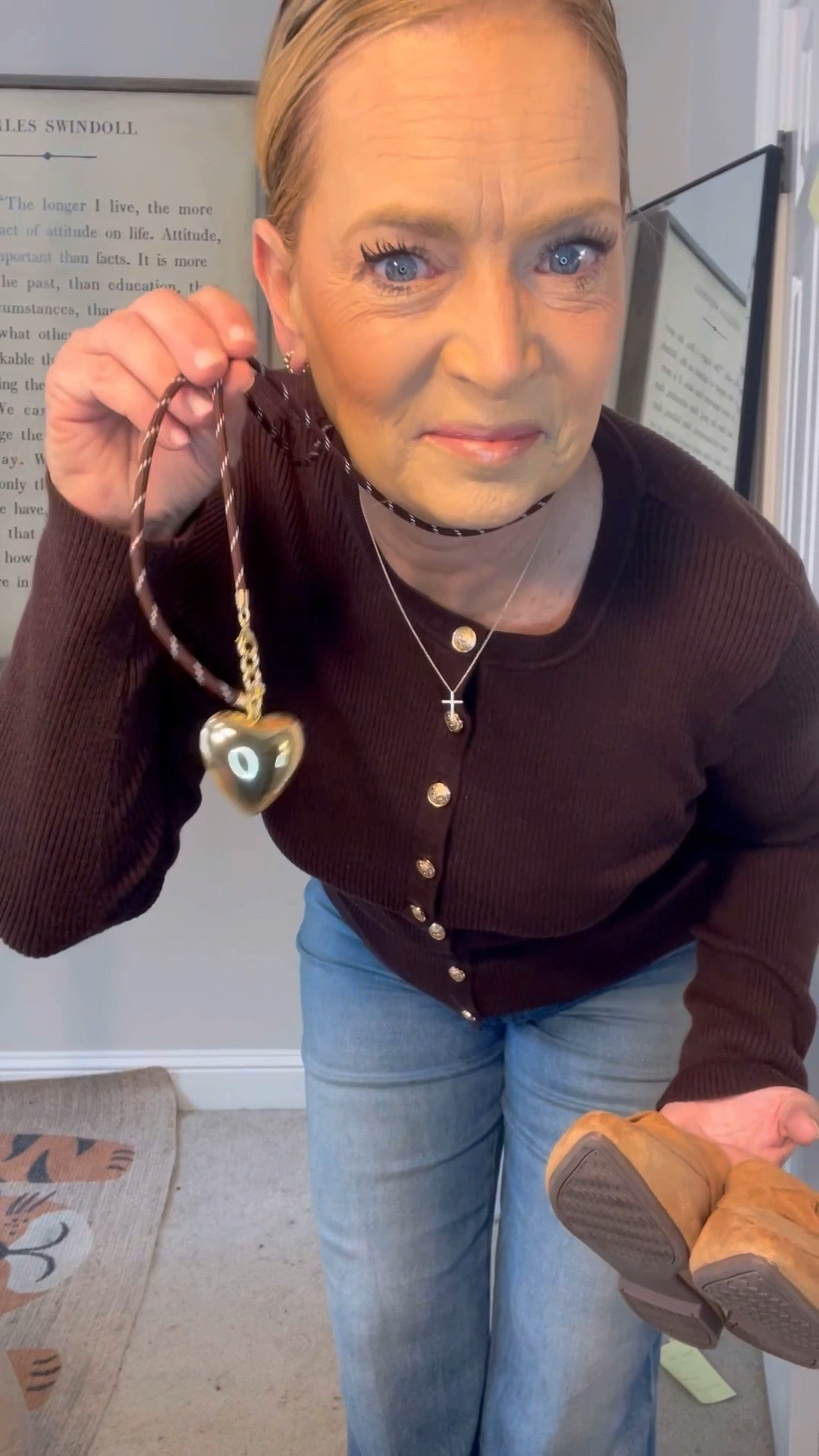 Planned my outfit around this fun necklace. ❤️ I have the brow and black cord and several big hearts - gold, black, white, pink. I think I’ll be wearing them everyday until Valentine’s Day! 

#LTKSeasonal #LTKOver40 #LTKgrwm