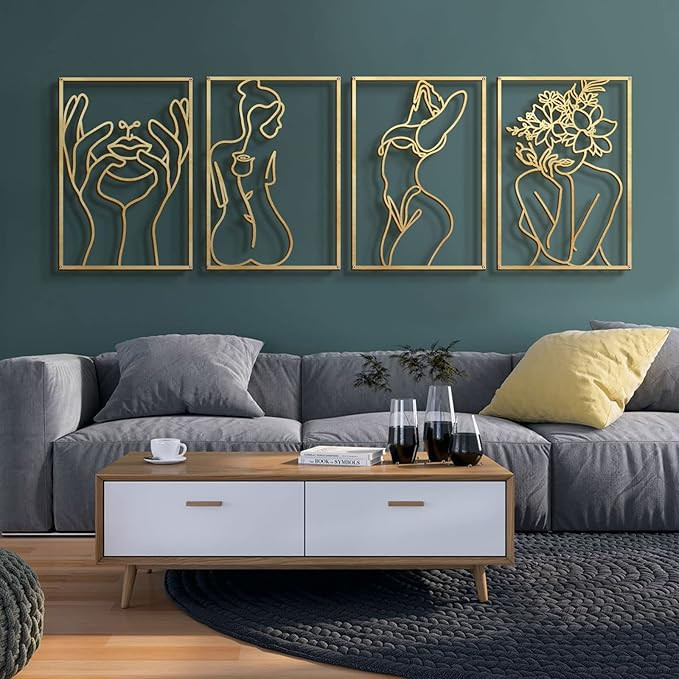 Glamativity 4 Pack Gold Wall Art Décor, Minimalist Décor Single Line Art Wall Décor, Real Meta... | Amazon (US)