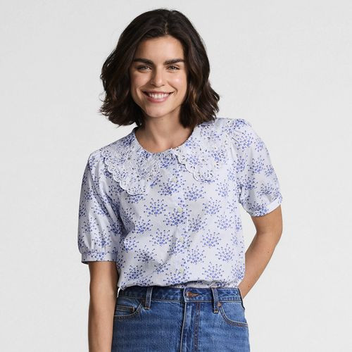 Women's Poplin Puff Sleeve Ruffle Collar Shirt - Lands' End - Blue - L | Lands' End (US)