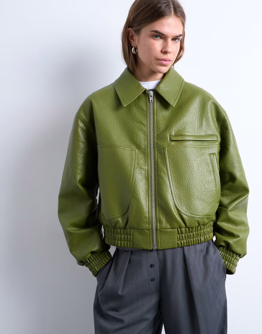 Topshop faux bubble leather cropped bomber jacket in green | ASOS (Global)