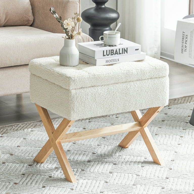 Furniliving Contemporary Button Tufted Storage Ottoman, Sherpa Vanity Stool, Foot Rest Stool with... | Walmart (US)