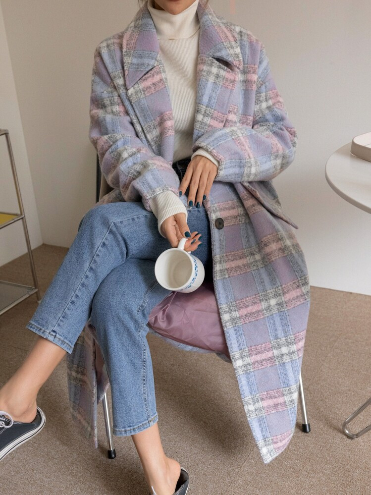 DAZY Plaid Lapel Neck Single Button Overcoat Women Jacket,Fall Women Clothes | SHEIN