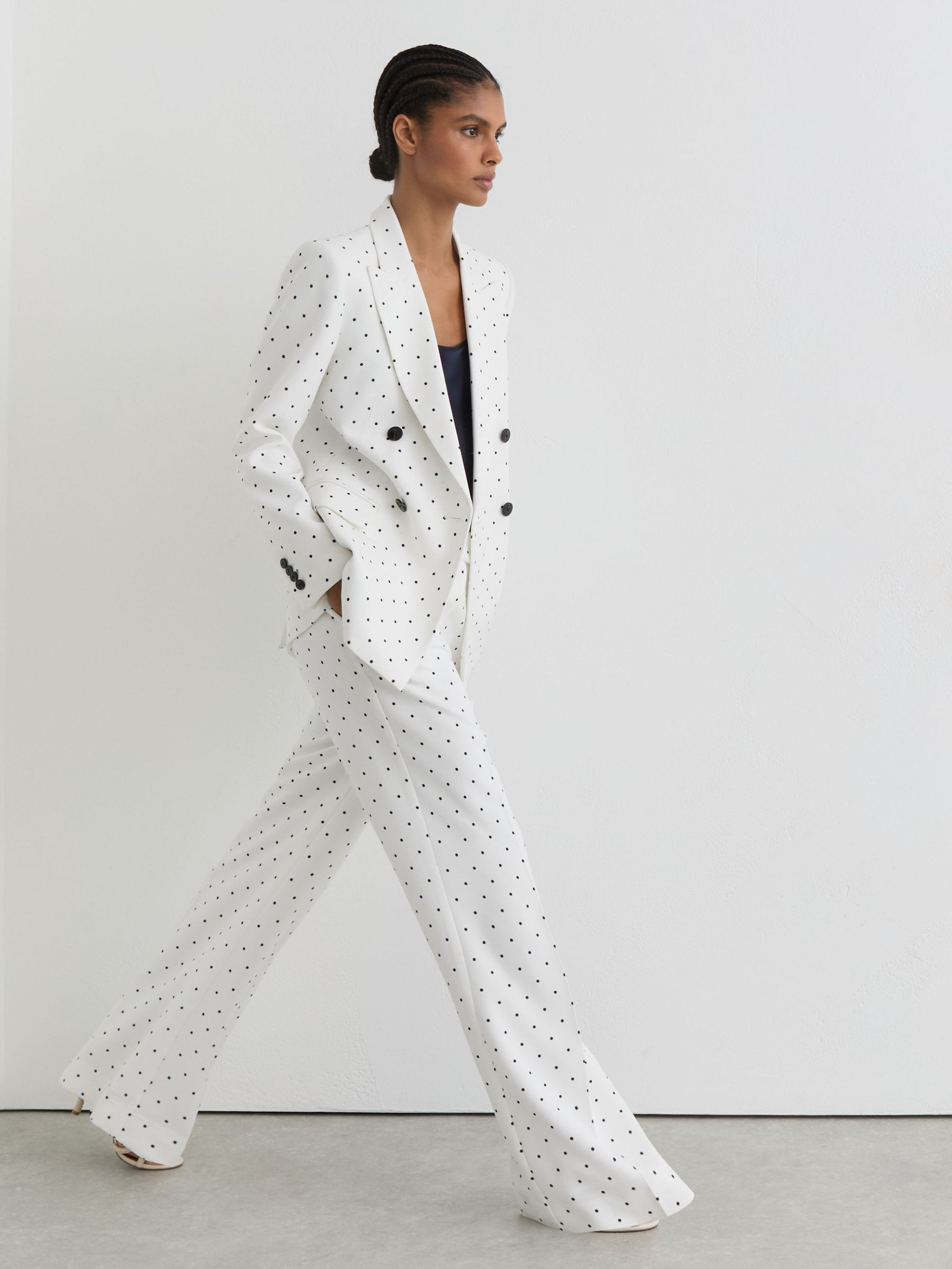 Polka-Dot Wide-Leg Suit Trousers in White/Navy | Reiss UK