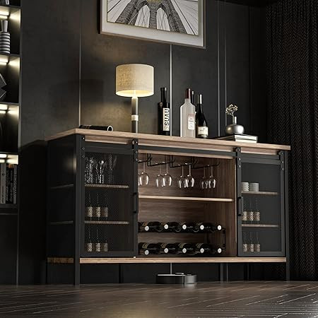 QNICE Industrial Wine Bar Cabinet / 55" Sliding Barn Door Coffee Bar Cabinet/Farmhouse Bar Cabine... | Amazon (US)