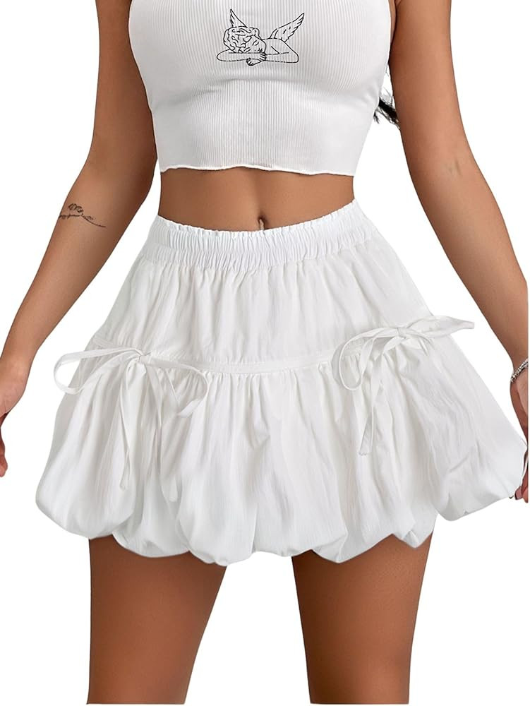 Verdusa Women's Bubble Skirt Ruffled Pleated Mini Skirt Elastic Waist Short Skater Skirts | Amazon (US)