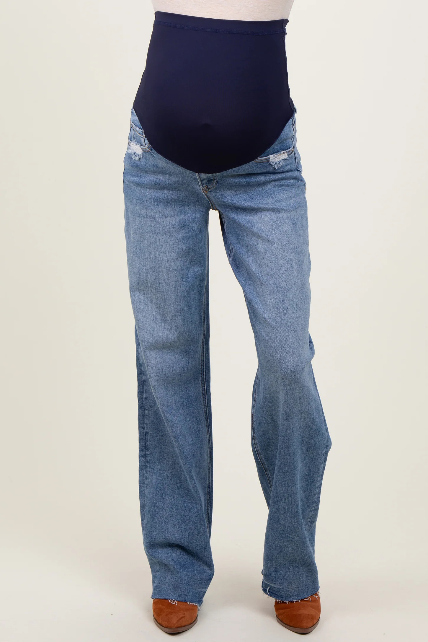 Blue Vintage Wash Raw Hem Wide Leg Maternity Jeans | PinkBlush Maternity