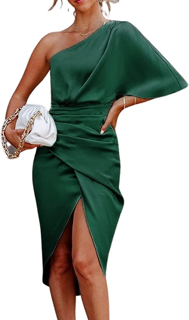 CUPSHE Women Satin Dress Backless One Shoulder Flared Short Sleeves Midi High Low Hem Cocktail Party | Amazon (US)