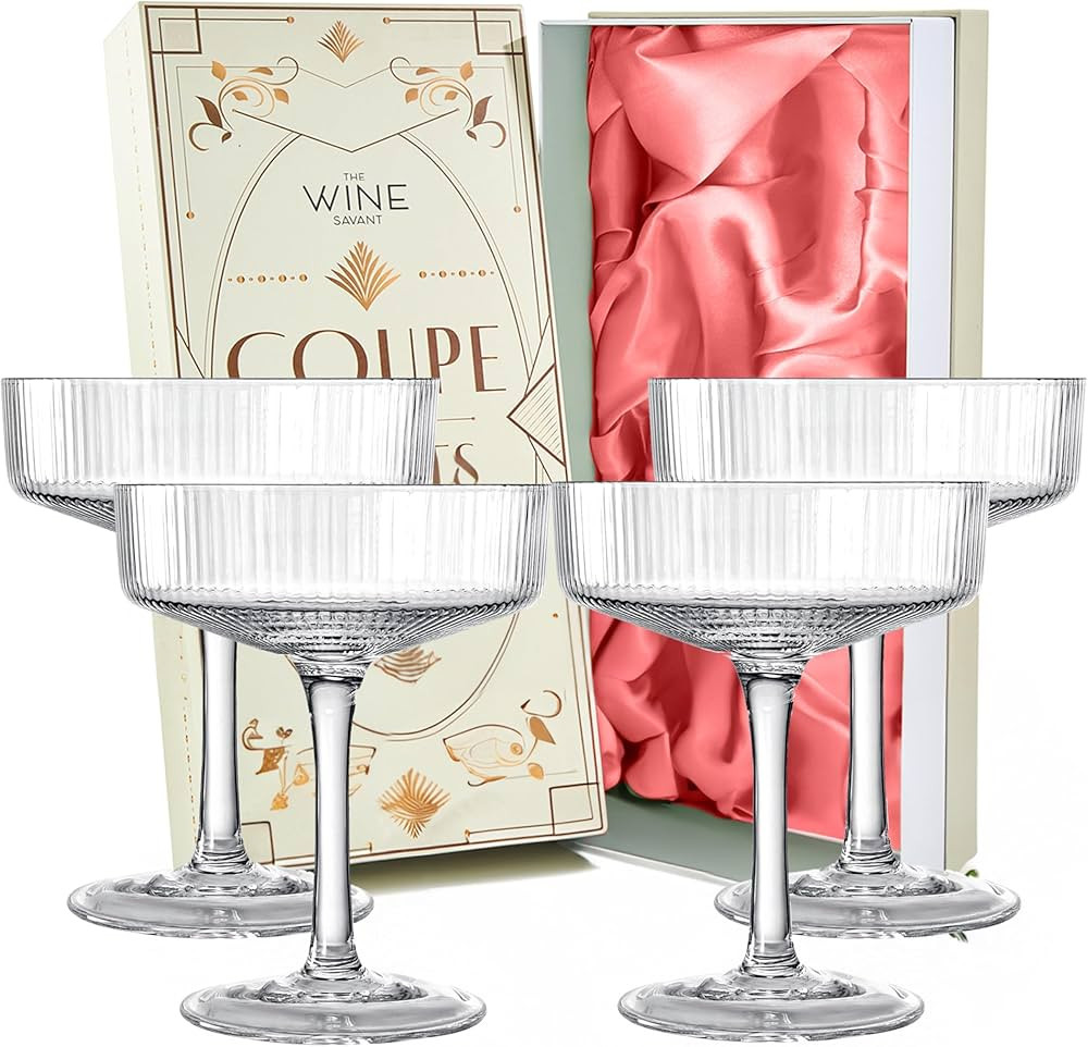 Vintage Art Deco Coupe Glasses, Martini, Champagne & Cocktail Ribbed Glass 7 oz | Set of 4 | Crys... | Amazon (US)