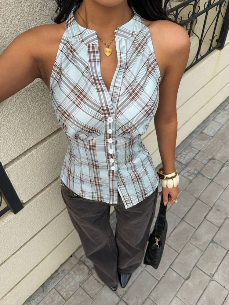 Siren Gaze Women's Plaid Single-Breasted Casual Versatile Daily Wear Shirt Checkered Top Sleeveless Blouse Button Up Top Plaid Top | SHEIN