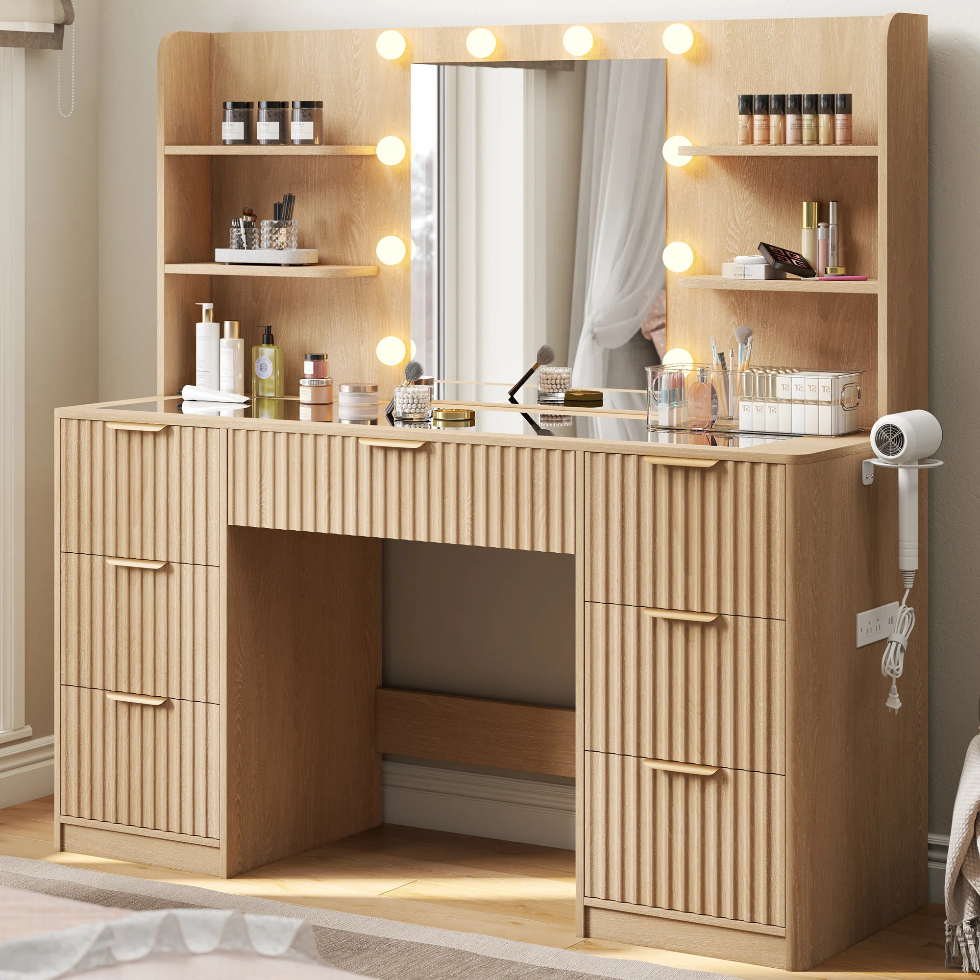 47.2" W Modern Large Vanity Desk With 7 Drawers, 4 Shelves, Led Lighted Mirror & Power Outlets, N... | Wayfair North America