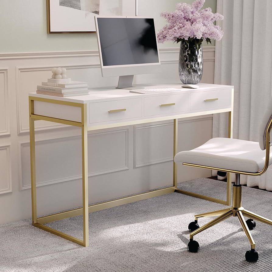 Martha Stewart Ollie Home Office Desk with 3 Drawers in White with Polished Brass Hardware | Amazon (US)