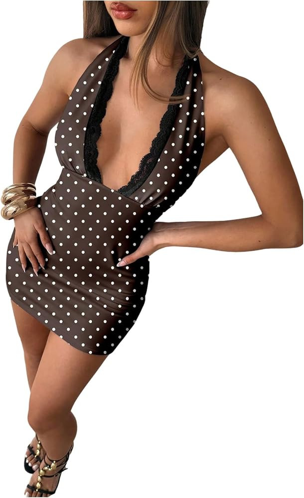 Floerns Women's Leopard Print Halter Backless Lace Mini Going Out Dresses | Amazon (US)