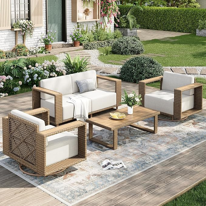 Patio Furniture Set with Swivel Chairs, 4 Piece Outdoor Wicker Sofa Couch with 10" Thick Cushions... | Amazon (US)