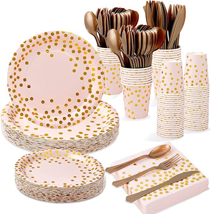 Pink and Gold Party Supplies - 350 PCS Disposable Dinnerware Set - Pink Paper Plates Napkins Cups... | Amazon (US)