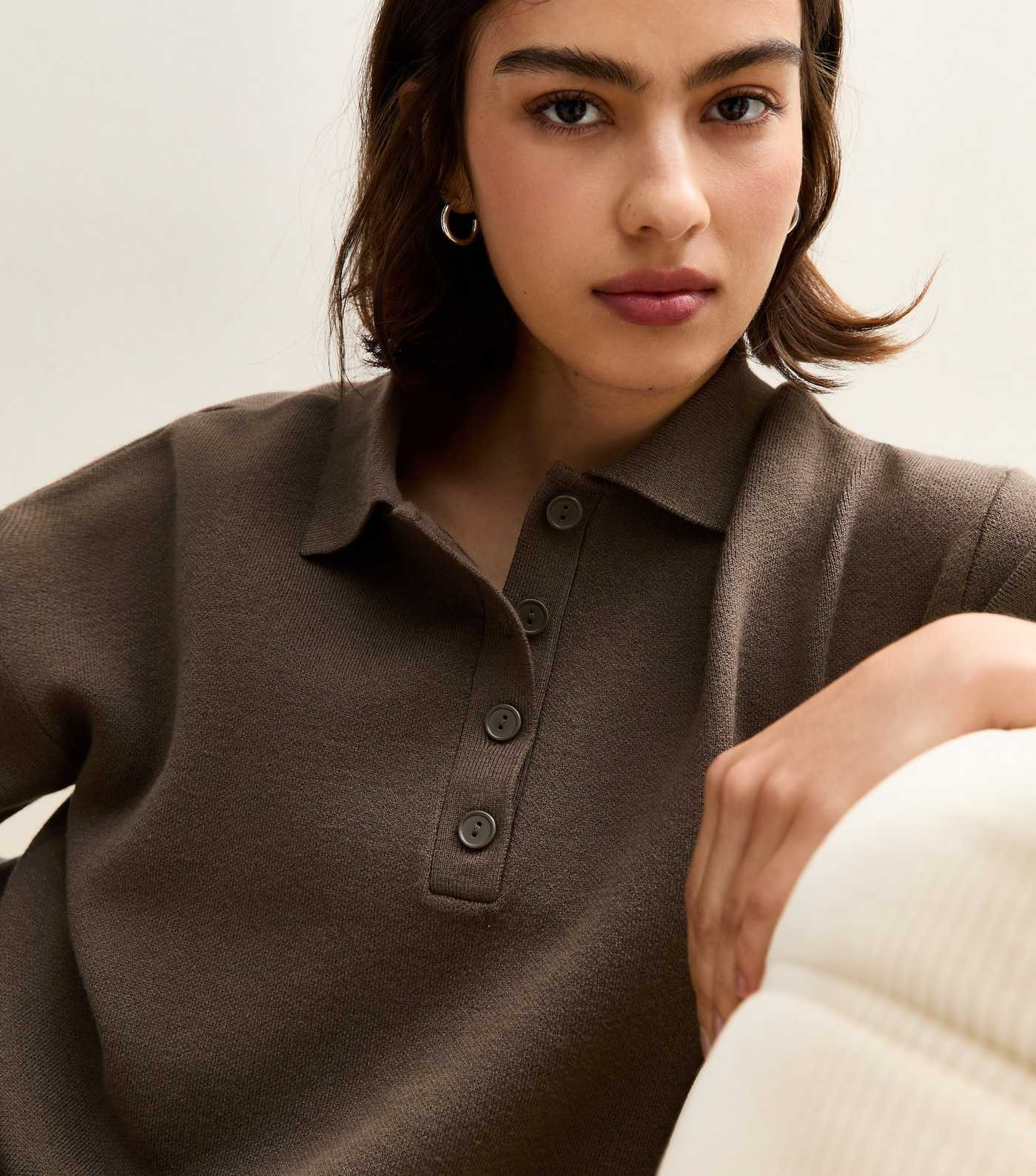 Brown Compact Knit Buttoned Collar Polo Shirt | New Look | New Look (UK)